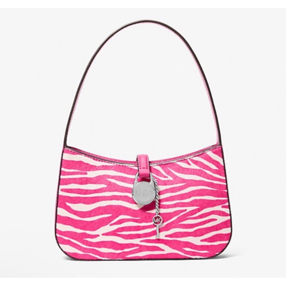 Michael Kors Lyra Small Zebra Print Calf Hair Pochette Pink/White NWT